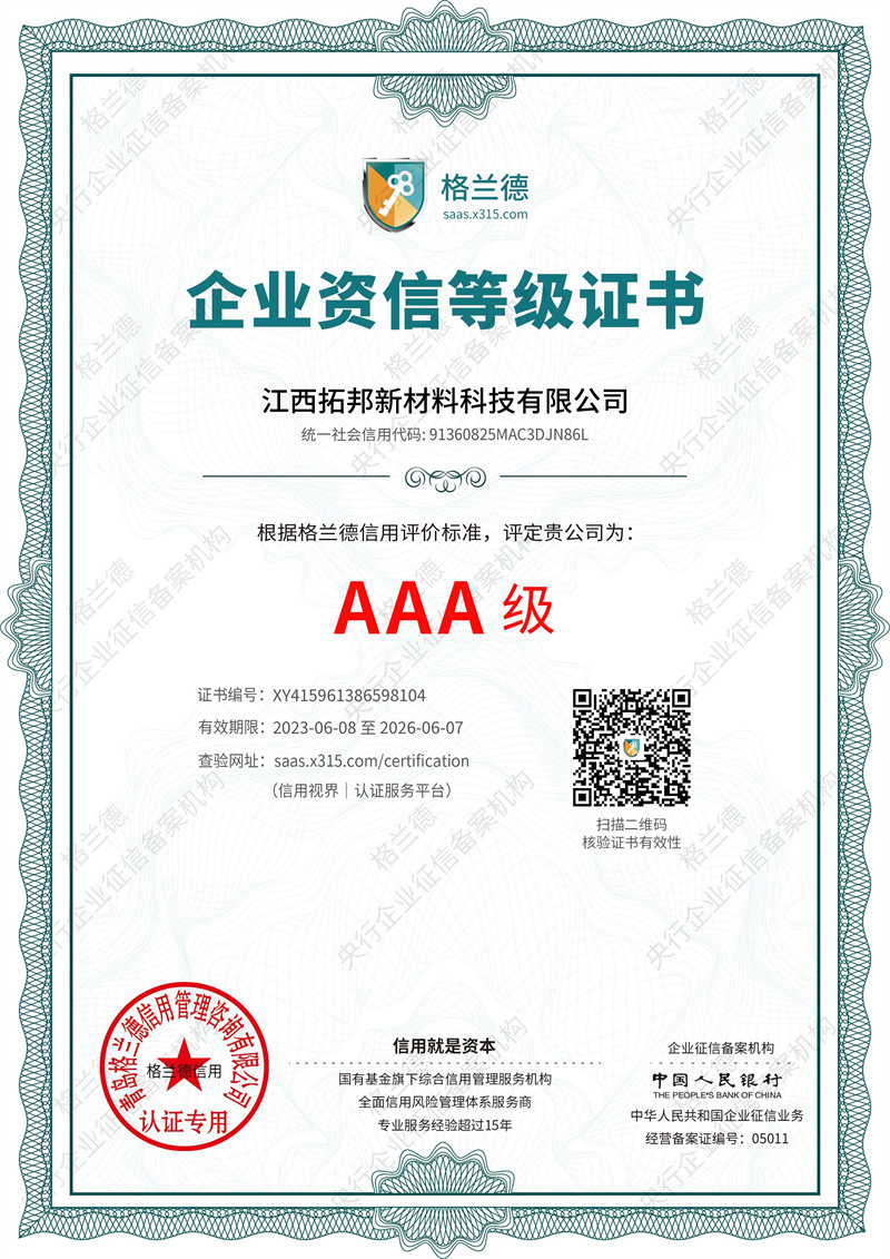 AAA 級企業資信等級證書